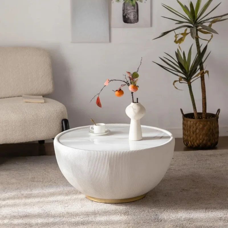 Round White Wood Mid-Century Modern Coffee Table with Textured Detail - Image 3