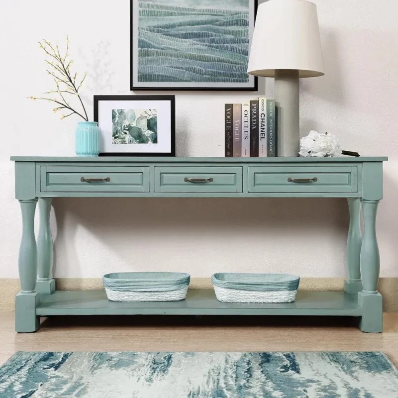 Rectangular Solid Wood Mid-Century Modern Console Table with Storage Drawer and Open Shelf - Image 4