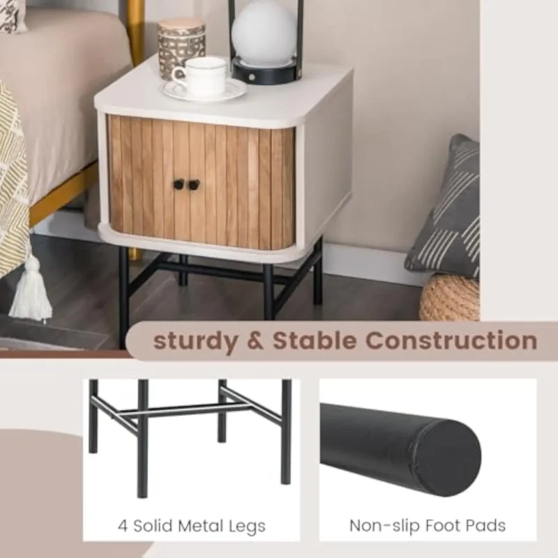 Modern Wood Nightstand Set of 2 Mid-Century Bedside Tables with Sliding Doors - Image 6