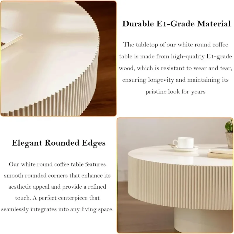 Round Fluted Wood Mid-Century Modern Drum Coffee Table with Embossed Edge - Image 3