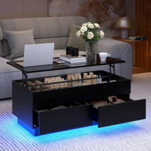 Black Lift Top Coffee Table with LED Lighting and Hidden Storage Modern