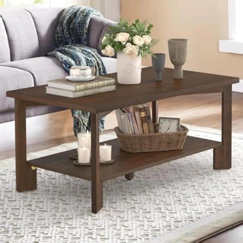 Rectangular Dark Walnut Mid-Century Modern Coffee Table with Storage Shelf - Image 2