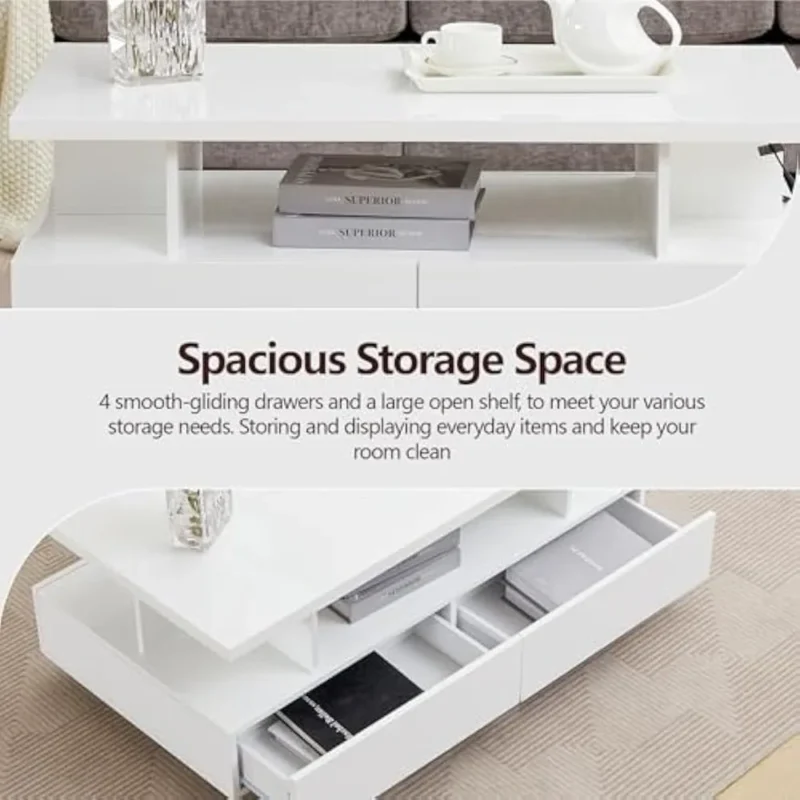 Rectangular LED Modern Coffee Table with High Gloss Finish and Storage Drawers - Image 4