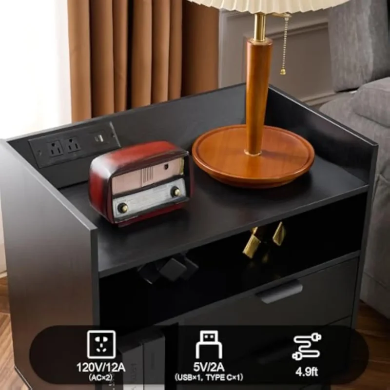 Black Mid-Century Modern Nightstands Set of 2 with LED Charging Station & Drawers - Image 5