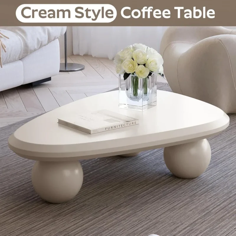 Curved Organic White Coffee Table with Round Legs Mid-Century Modern Design - Image 3