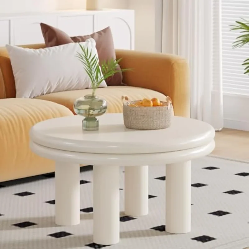 Round Cream White Mid-Century Modern Coffee Table with Tapered Legs - Image 4