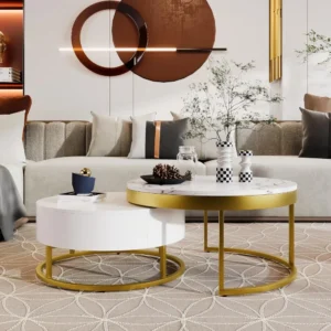 Round Nesting White Coffee Table Set with Storage Drawers