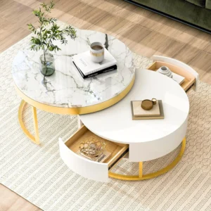 Round White Nesting Coffee Table Set with Storage Drawers Mid-Century Modern