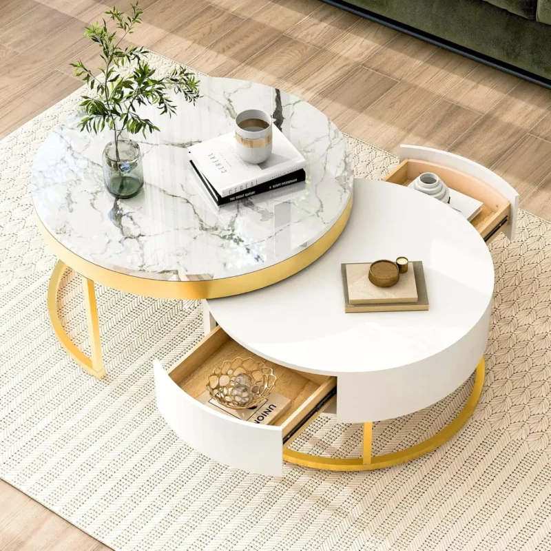 Round White Nesting Coffee Table Set with Storage Drawers Mid-Century Modern