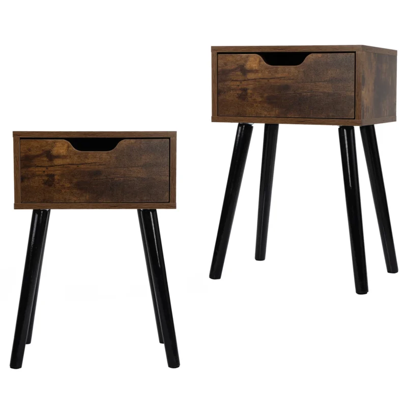 Set of 2 Wood Drawer Side Tables Mid-Century Modern Nightstands Rustic Brown - Image 5