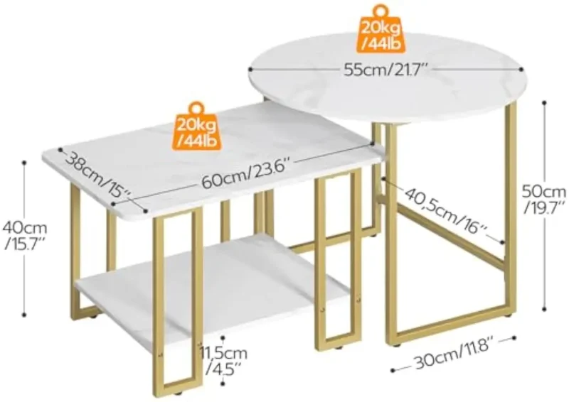 Oval Faux Marble Nesting Coffee Tables Set of 2 Mid-Century Modern Side Tables with Metal Frame - Image 2
