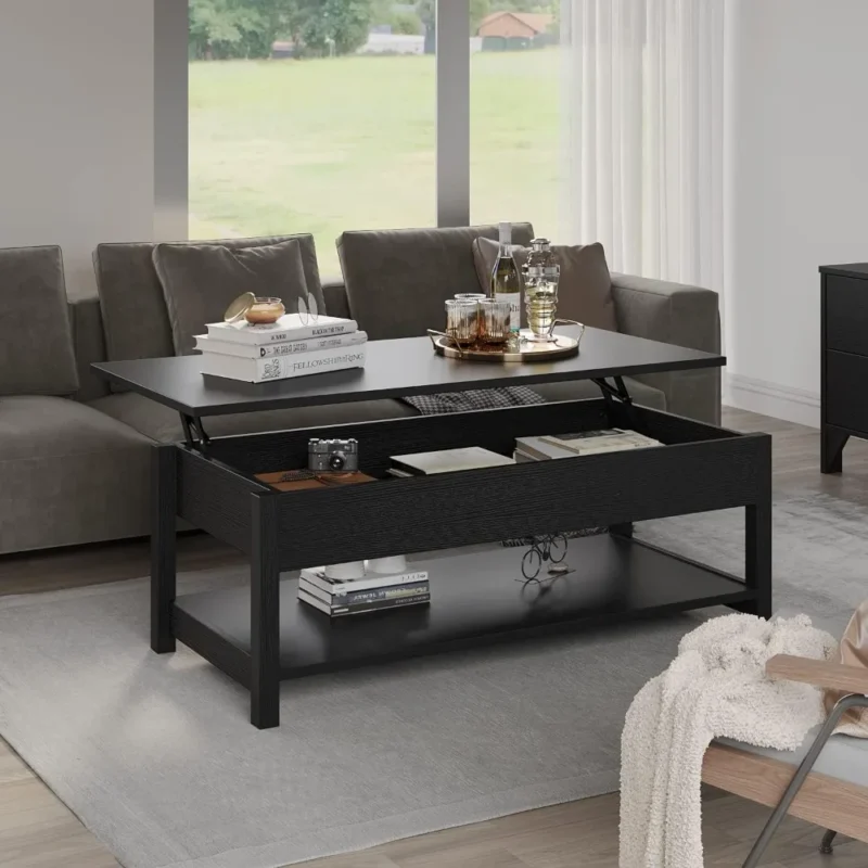 Rectangular Wooden Lift Top Mid-Century Modern Coffee Table with Hidden Storage