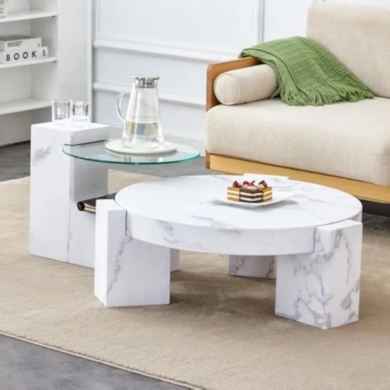 Round Marble Top Mid-Century Modern Coffee Table Set with Glass Side Table - Image 3
