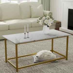 Rectangular White Faux Marble Mid-Century Modern Coffee Table with Open Design