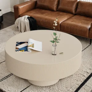 Round Fluted Wood Mid-Century Modern Drum Coffee Table with Embossed Edge