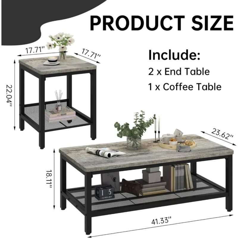 Nested Square Coffee Table Set with 2 Side Tables Modern Industrial Metal Frame - Image 3