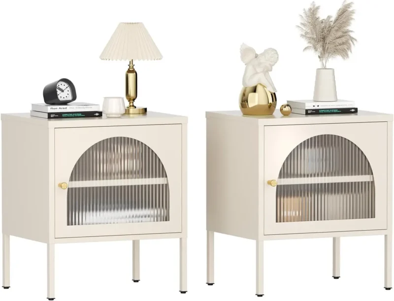 Fluted Glass Rectangular Mid-Century Modern Nightstand Set with Steel Frame - Image 5