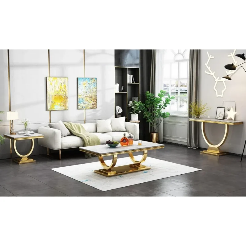 Square White Faux Marble Mid-Century Modern Side Table with Gold Pedestal Base - Image 4