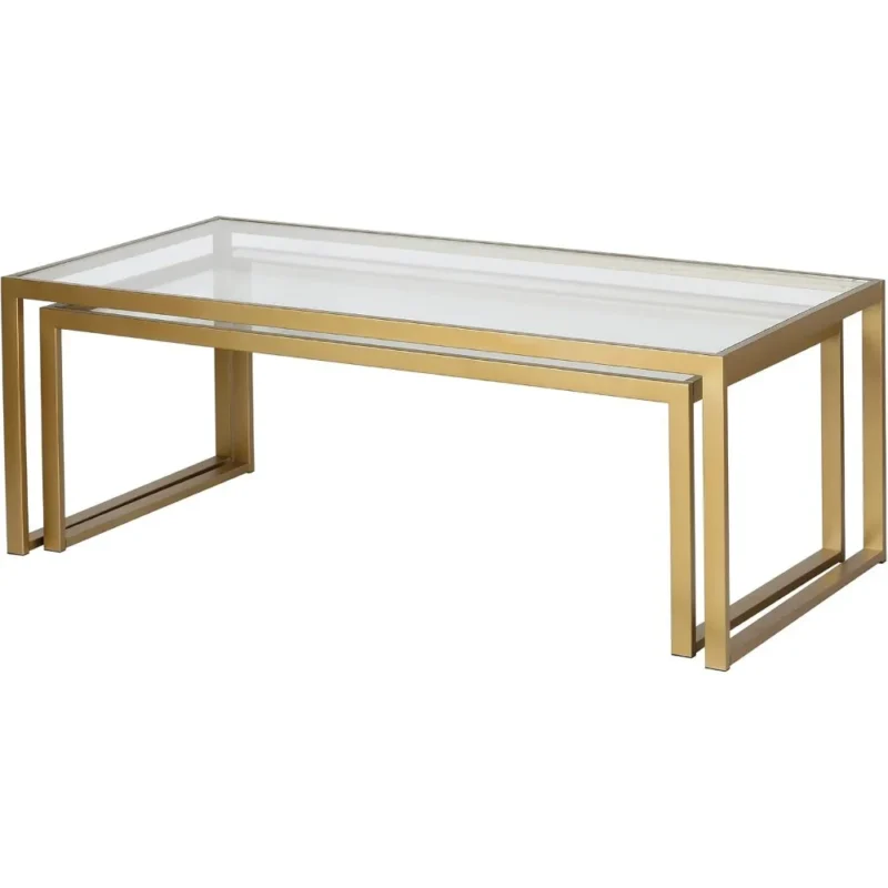 Rectangular Glass Nesting Coffee Table with Brass Metal Frame Mid-Century Modern - Image 4