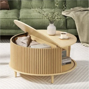 Round Oak Engineered Wood Mid-Century Modern Coffee Table with Storage Cabinet