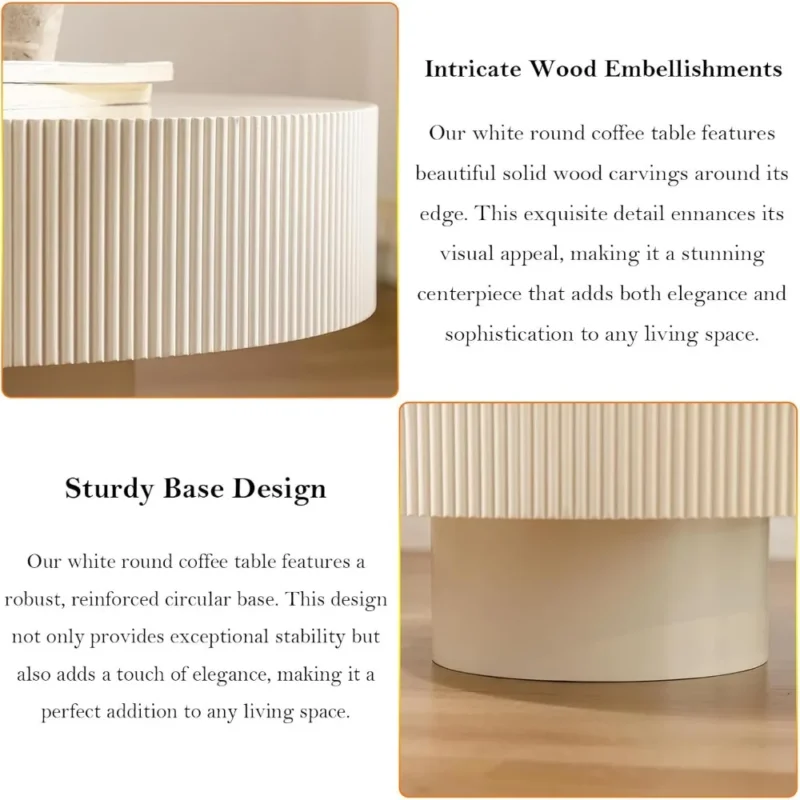 Round Fluted Wood Mid-Century Modern Drum Coffee Table with Embossed Edge - Image 4