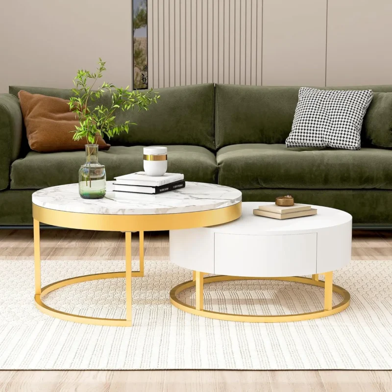 Round White Nesting Coffee Table Set with Storage Drawers Mid-Century Modern - Image 4