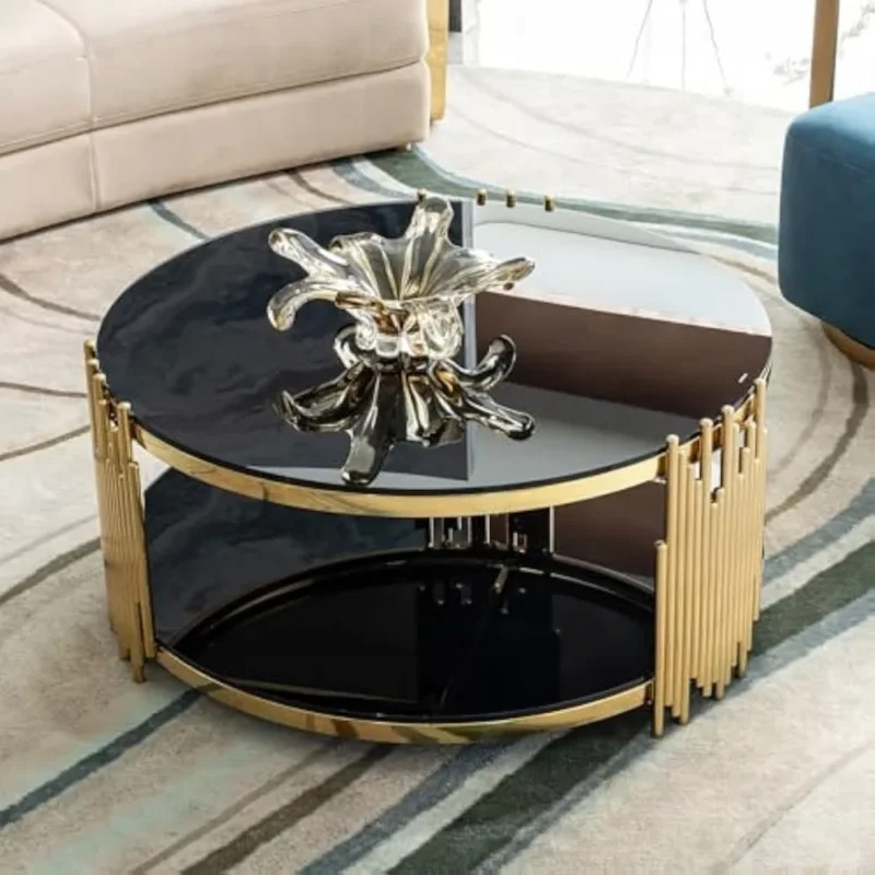 Round Black Glass Two-Tier Mid-Century Modern Coffee Table with Gold Frame - Image 6