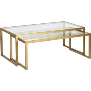 Rectangular Glass Nesting Coffee Table with Brass Metal Frame Mid-Century Modern