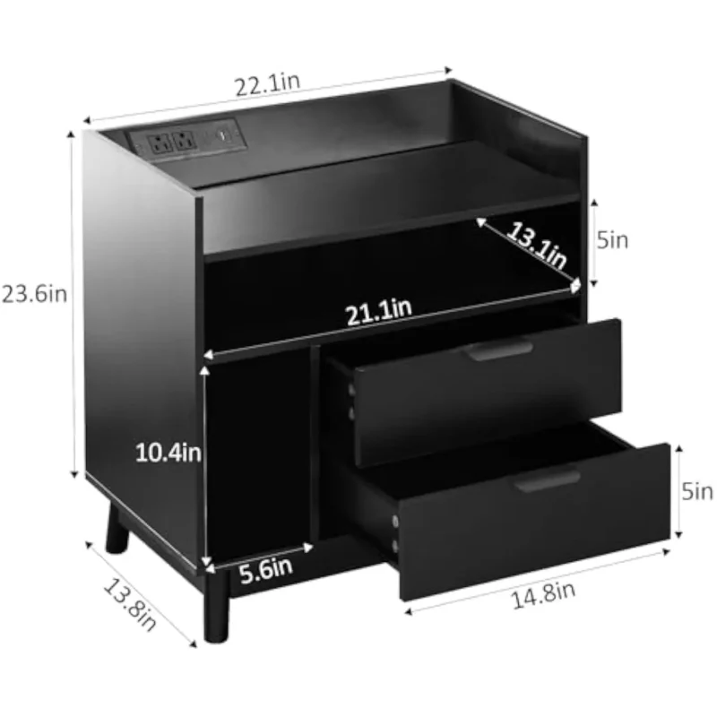 Black Mid-Century Modern Nightstands Set of 2 with LED Charging Station & Drawers - Image 3
