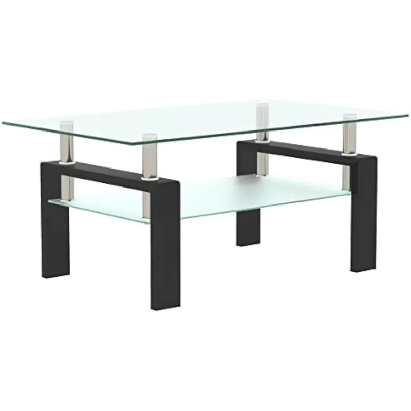 Rectangular Glass Two-Tier Mid-Century Modern Coffee Table with Metal Legs - Image 4