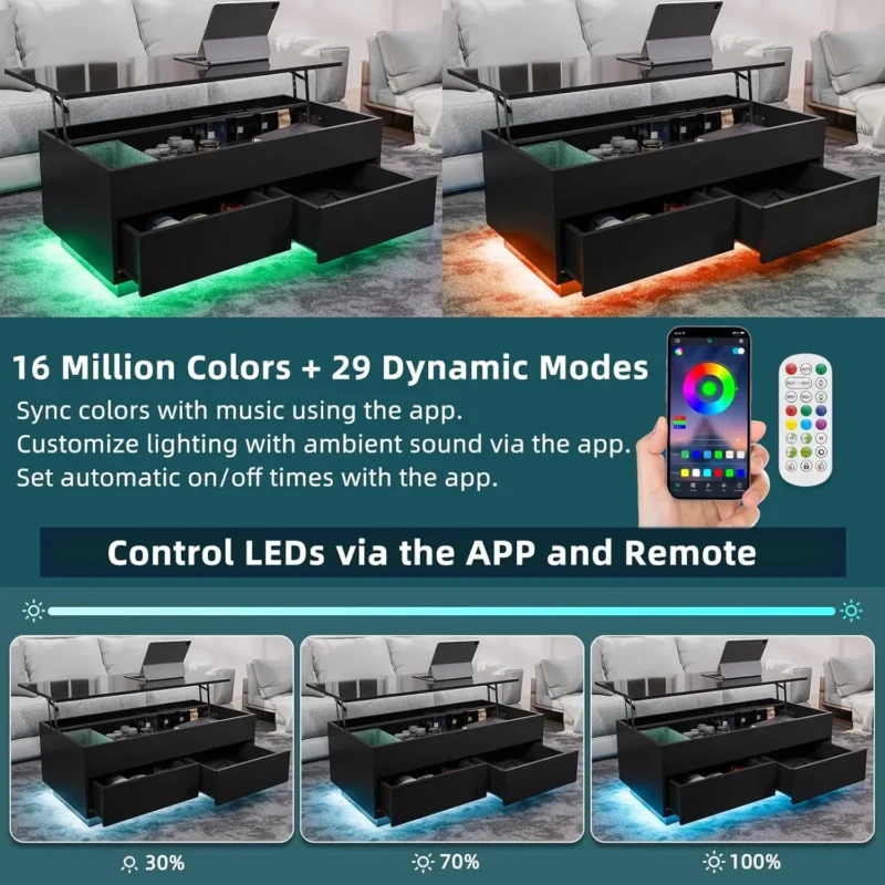 Black Lift Top Coffee Table with LED Lighting and Hidden Storage Modern - Image 5