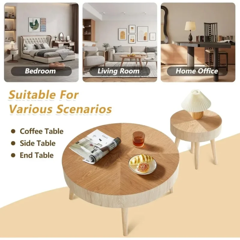 Round Nesting Solid Wood Mid-Century Modern Coffee Table Set of 2 - Image 3
