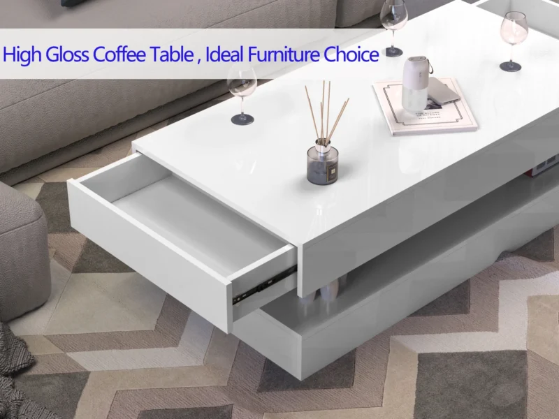 Rectangular High Gloss LED Coffee Table with Storage Drawers - Image 2