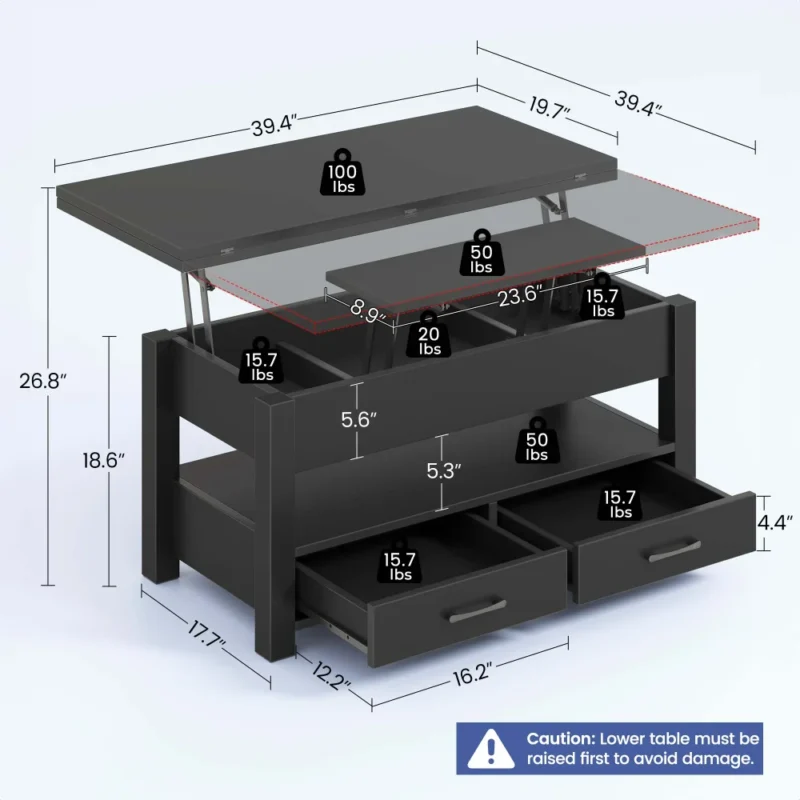 Rectangular Black Lift Top Coffee Table with Storage - 39" Modern Minimalist Design - Image 5