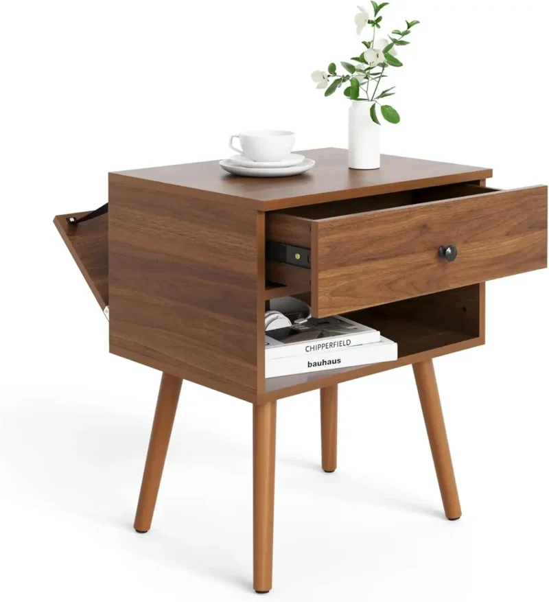 Wooden Set of 2 Mid-Century Modern Nightstands with Hidden Storage and Drawer - Image 7