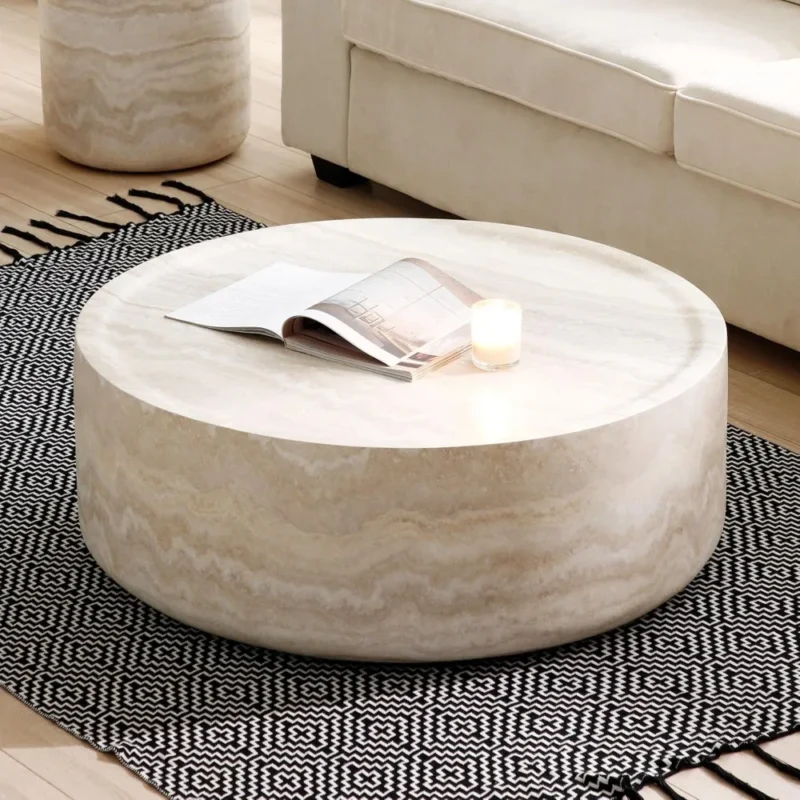Round Travertine Textured Mid-Century Modern Coffee Table with Fiberglass Center - Image 4