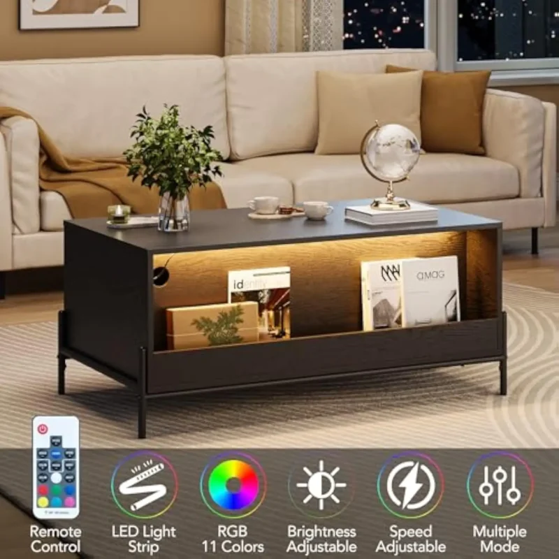 Rectangular Rattan Mid-Century Modern Coffee Table with LED Lights and Storage - Image 4