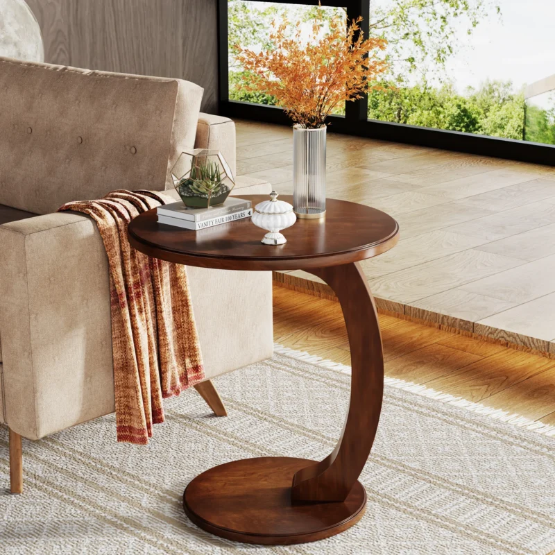 Round Walnut Wood Mid-Century Modern Side Table with C-Shaped Base - Image 6