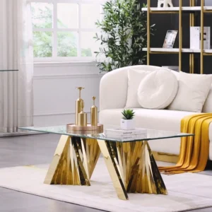 Rectangular Glass Top Mid-Century Modern Coffee Table with Gold Base