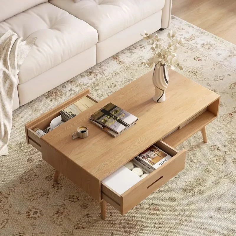 Rectangular Oak Wood Mid-Century Modern Coffee Table with Two Storage Drawers - Image 8