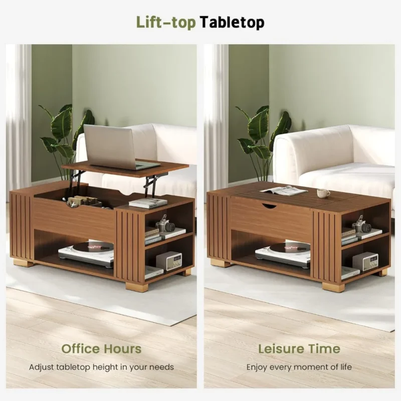 Square Fluted Wood Mid-Century Modern Coffee Table with Lift Top Storage - Image 3
