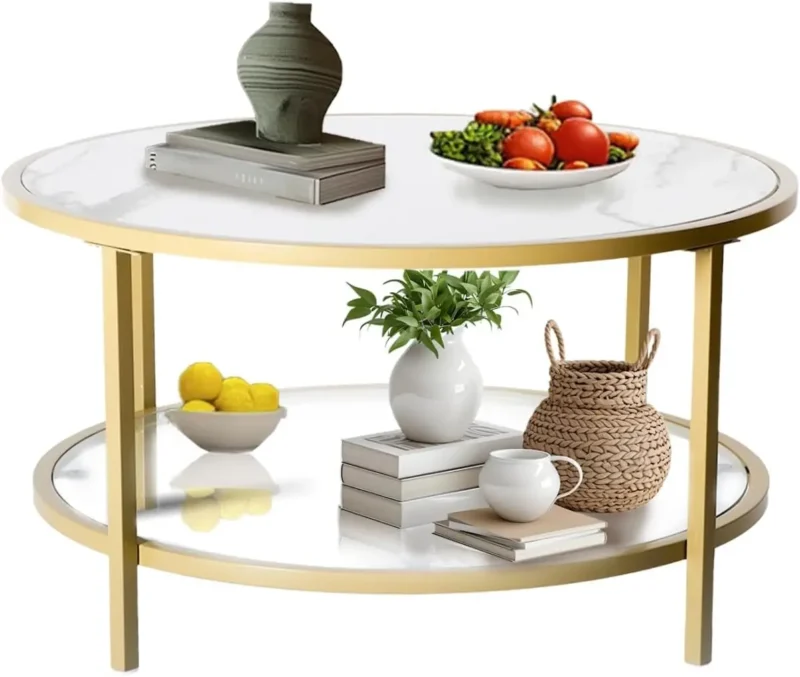 Round Faux Marble Mid-Century Modern Coffee Table with Glass Shelf - Image 2