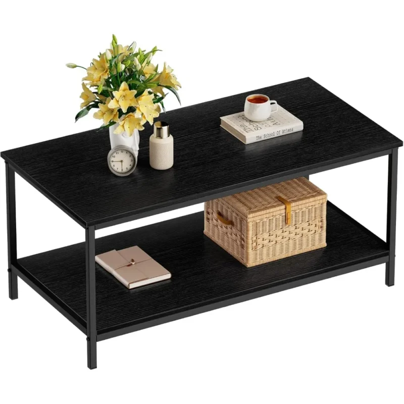Rectangular Wood Industrial Modern Coffee Table with Storage Shelf - Image 2