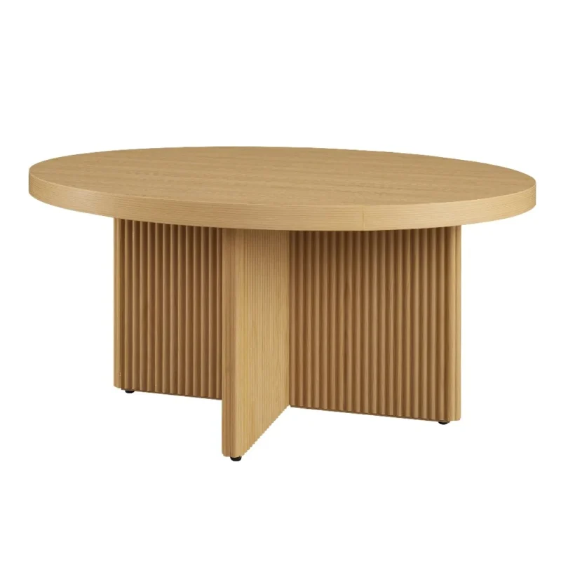 Round Fluted Pine Wood Mid-Century Modern Coffee Table with Art Deco Influence - Image 2