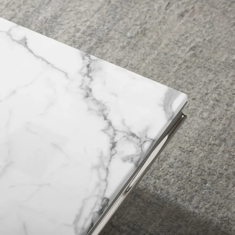 Rectangular White Marble Coffee Table with U-Shaped Stainless Steel Base - Image 4
