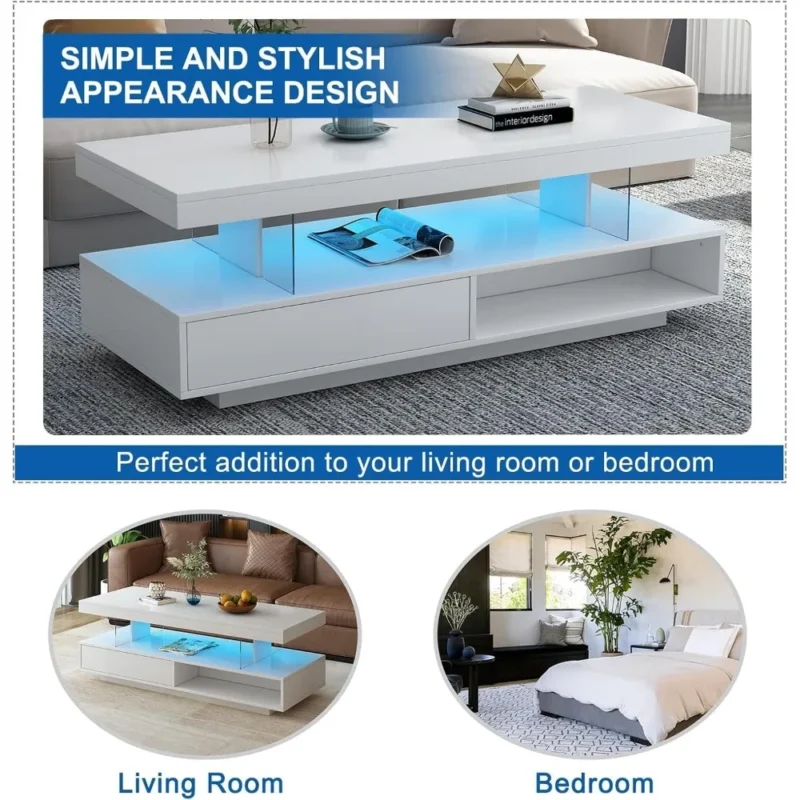 Rectangular White High Gloss LED Coffee Table with Storage Drawer - Image 6