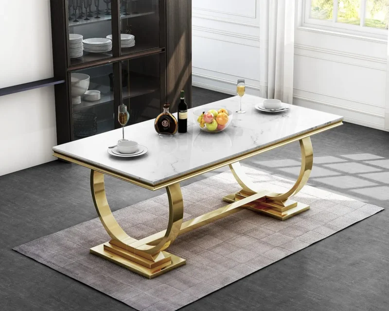 Rectangular White Marble Coffee Table with U-Shaped Stainless Steel Base - Image 7