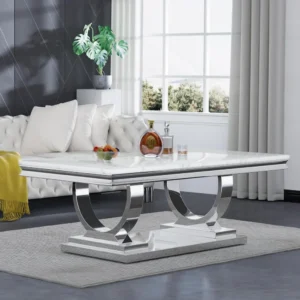 Rectangular White Marble Coffee Table with U-Shaped Stainless Steel Base
