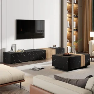 Rectangular Faux Marble Mid-Century Modern Coffee Table and TV Stand Set
