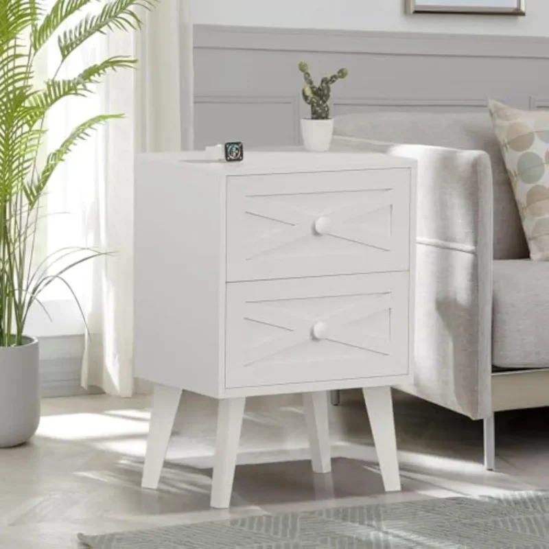 White Mid-Century Modern Nightstand Set with Barn Door Design and Two Drawers - Image 5